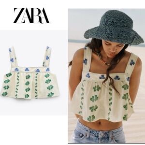 Zara light cream cotton blend floral flour embroidered peplum blouse top Sz M